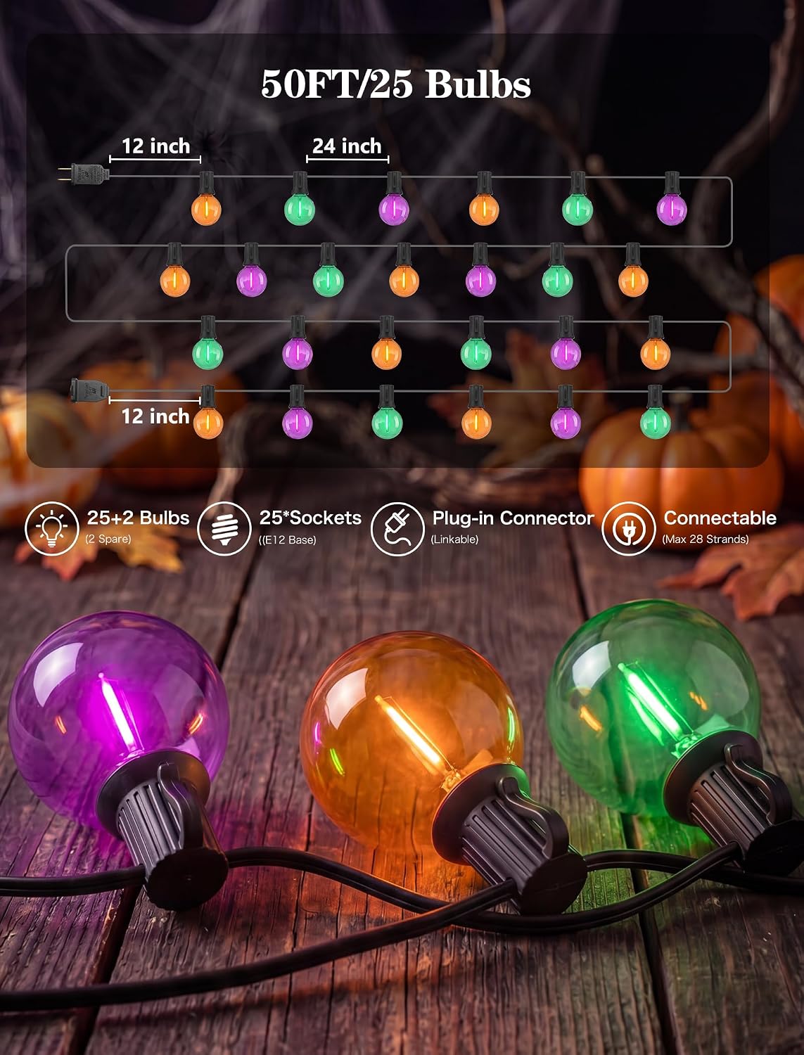 50FT Halloween String Lights with 25 G40 LED Orange Green Purple Bulbs