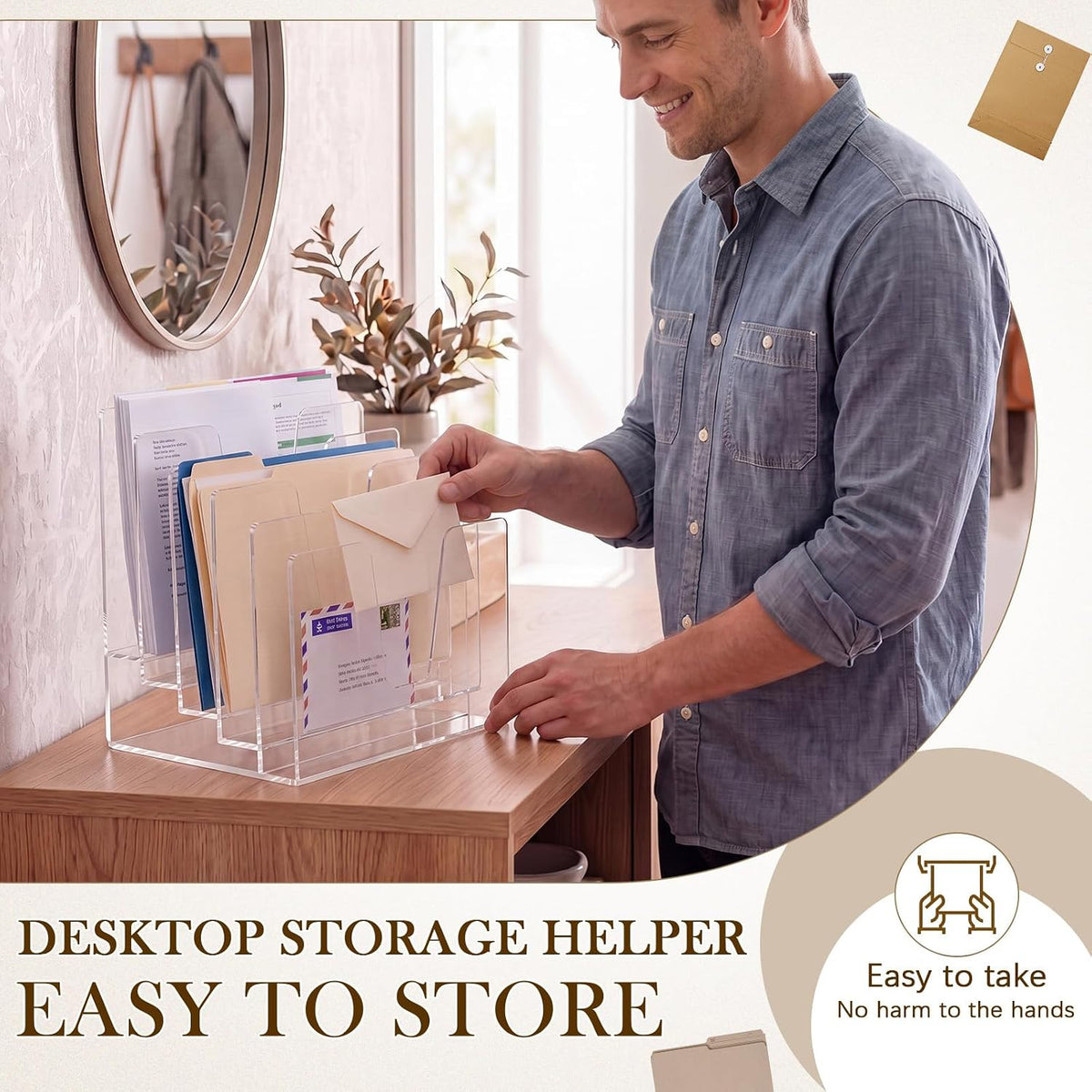 5 Section Clear Acrylic File Organizer, Inclined Desktop File Sorter