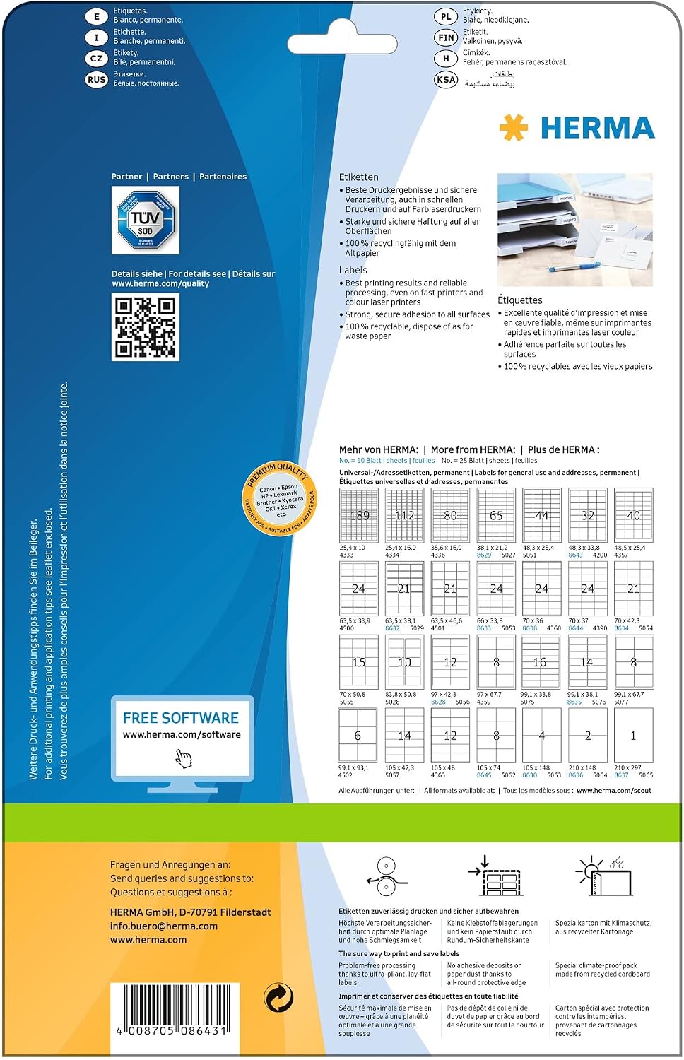 HERMA Self Adhesive Multi-Purpose Labels, 32 Labels Per A4 Sheet, 320 Labels for Laser and Inkjet Printers, Small, 48.3 x 33.8 mm (8643)
