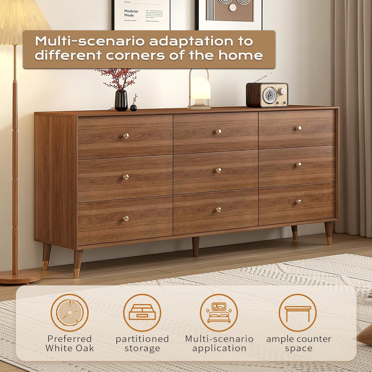 Mid Century Modern 9-Drawer Dresser, 63 Inch Solid Wood Frame Chest, Walnut