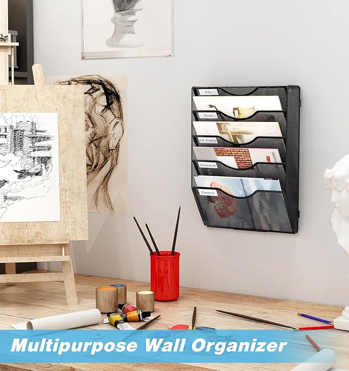 Solinxe Wall Hanging File Holder 5 Pocket Wall Mounted Paper Organizer Magazine - Image 6