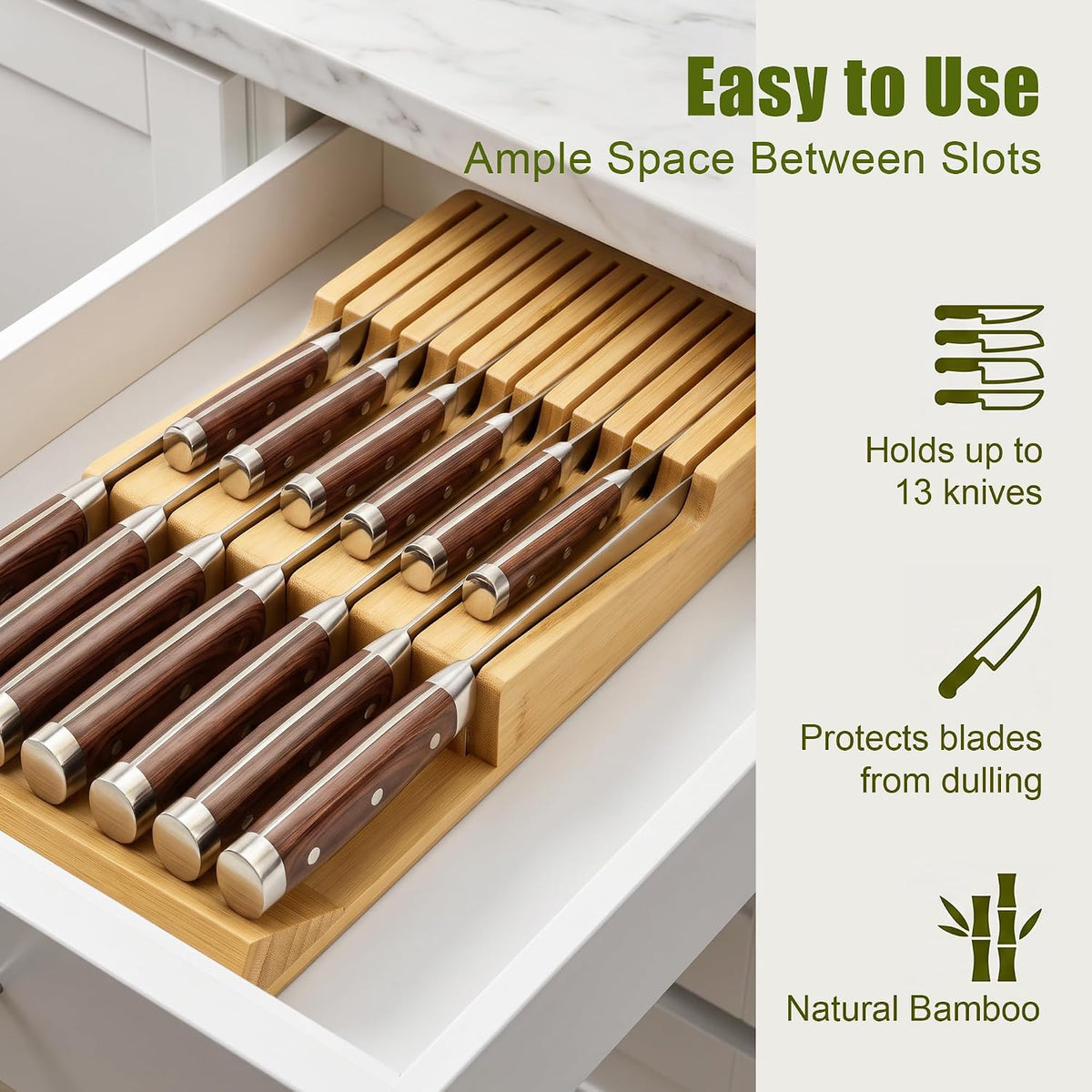 Bamboo Kitchen Drawer Knife Block, In drawer Knife Holder, Knife Drawer Organ...