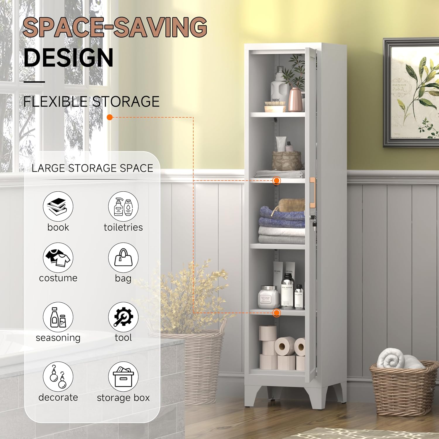 67" Tall Narrow Storage Cabinet Metal Bathroom Cabinet with Lockable and 4 Adjustable Shelve,Anti-Tip Design,Standing Pantry Cabinets Cupboard for Kitchen,Dining Room,Bathroom-Assembly Required(White)