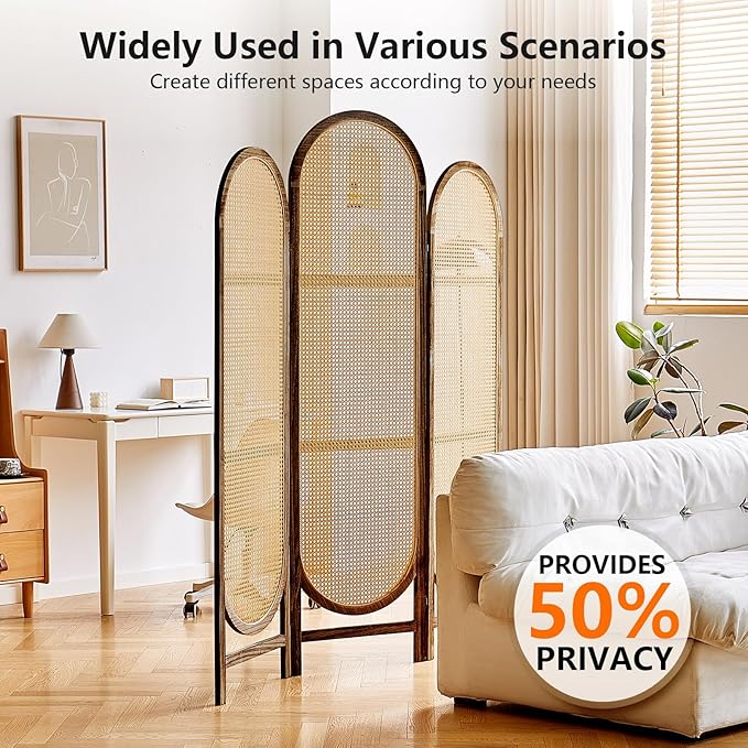 Asnefeli Wood Room Divider 3 Panels, Folding Rattan Room Divider Wall, Unique - Image 2