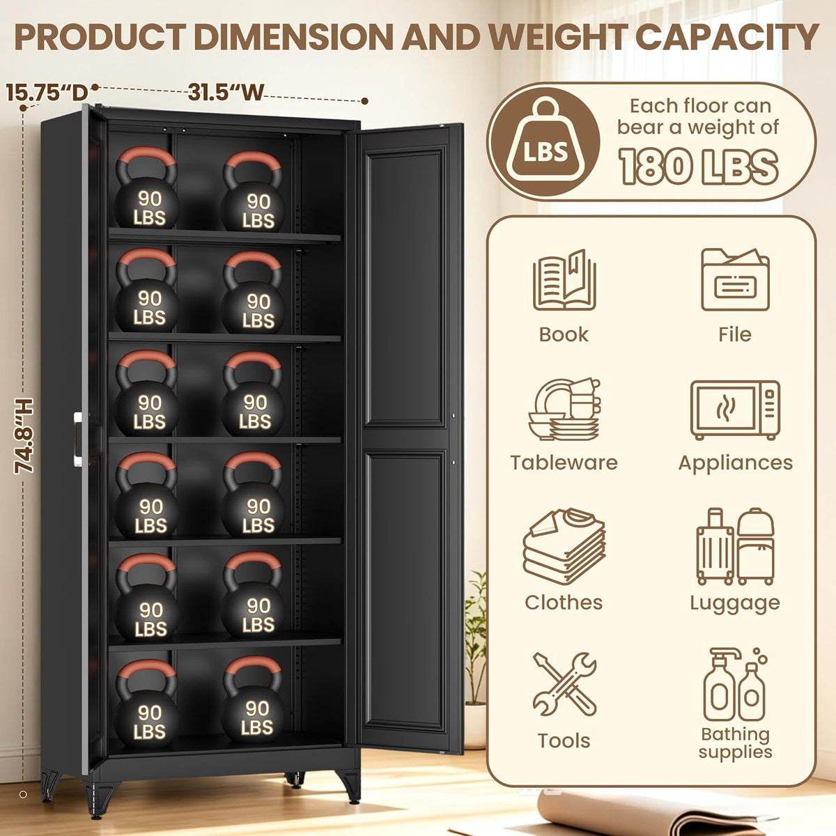 75" metal storage cabinet, garage cabinet with doors, close-up detail