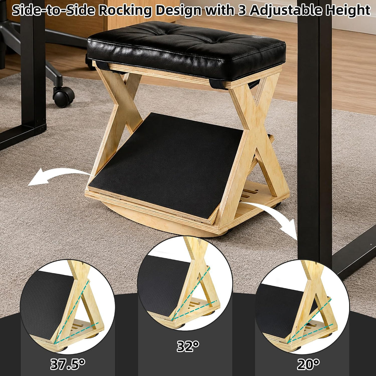 Under Desk Adjustable Footrest, Wood Rocking Footrest, Non-Slip
