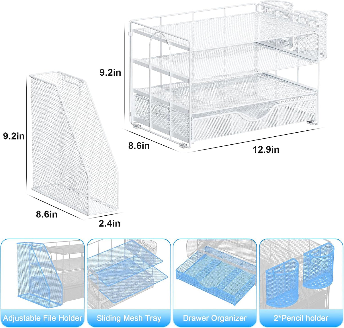 gianotter desk organizers and accessories with file holder showing dimensions