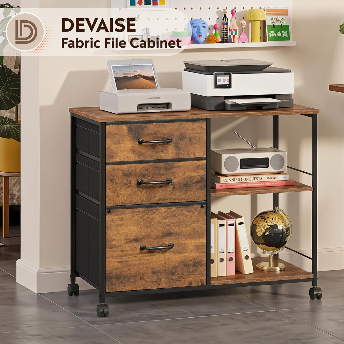 DEVAISE 3 Drawer Mobile File Cabinet, Fabric Lateral Filing Cabinet