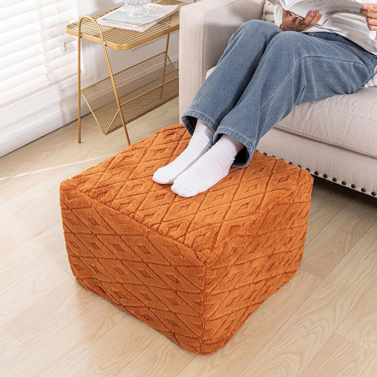 Square Ottoman Pouf,Couch FootRest,Footstool,Orange, 20x20x14 in