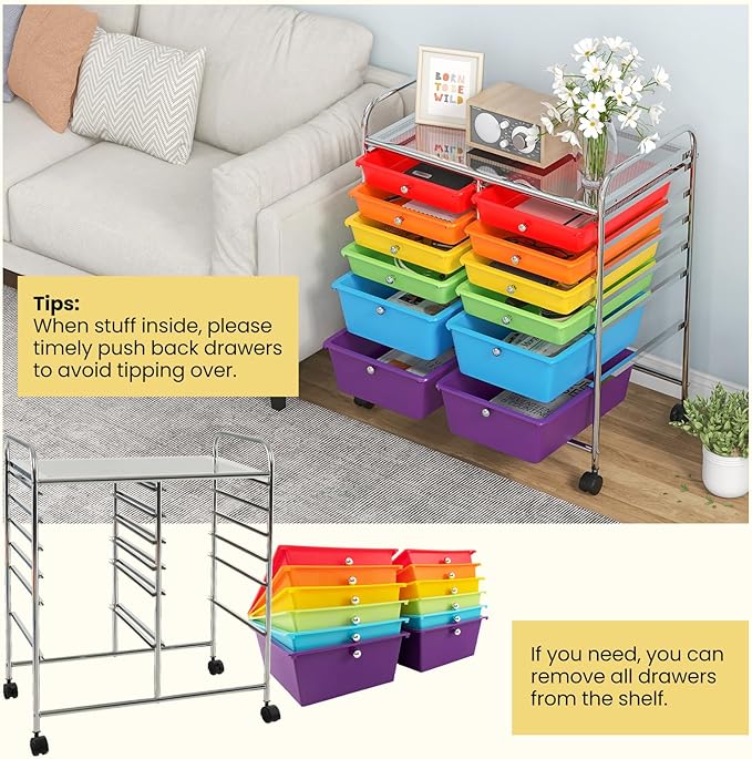 LDAILY 12 Drawer Rolling Storage Cart, Craft Cart Organizer on Wheels w/Metal - Image 5