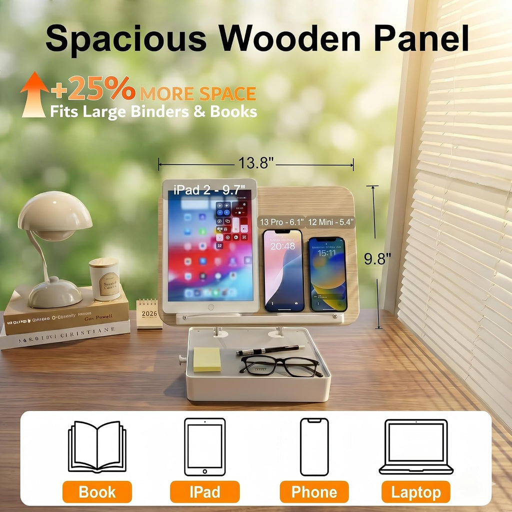 Book Stand with Storage, Wooden Book Holder for Desk, Hands-Free Reading | Ergonomic Adjustable Height & Angle, For Textbooks, Cookbooks, Documents (White, 9.8" x 13.8" Large Panel)