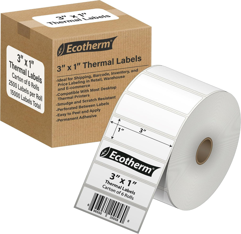 3" x 1" Thermal Labels | 6 Rolls | 15000 Labels | fits Zebra, Offnova Thermal