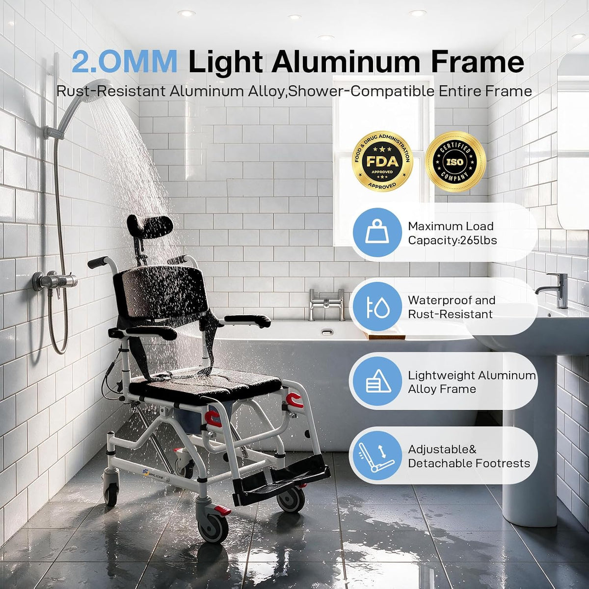 Reclining Rolling Shower Chair with Wheels, Shower Wheelchair for Elderly and...