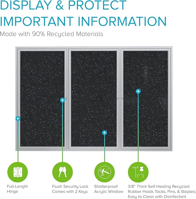 Ghent 36"x72" 3-Door indoor Enclosed Recycled Rubber Bulletin Board, Shatter - Image 3