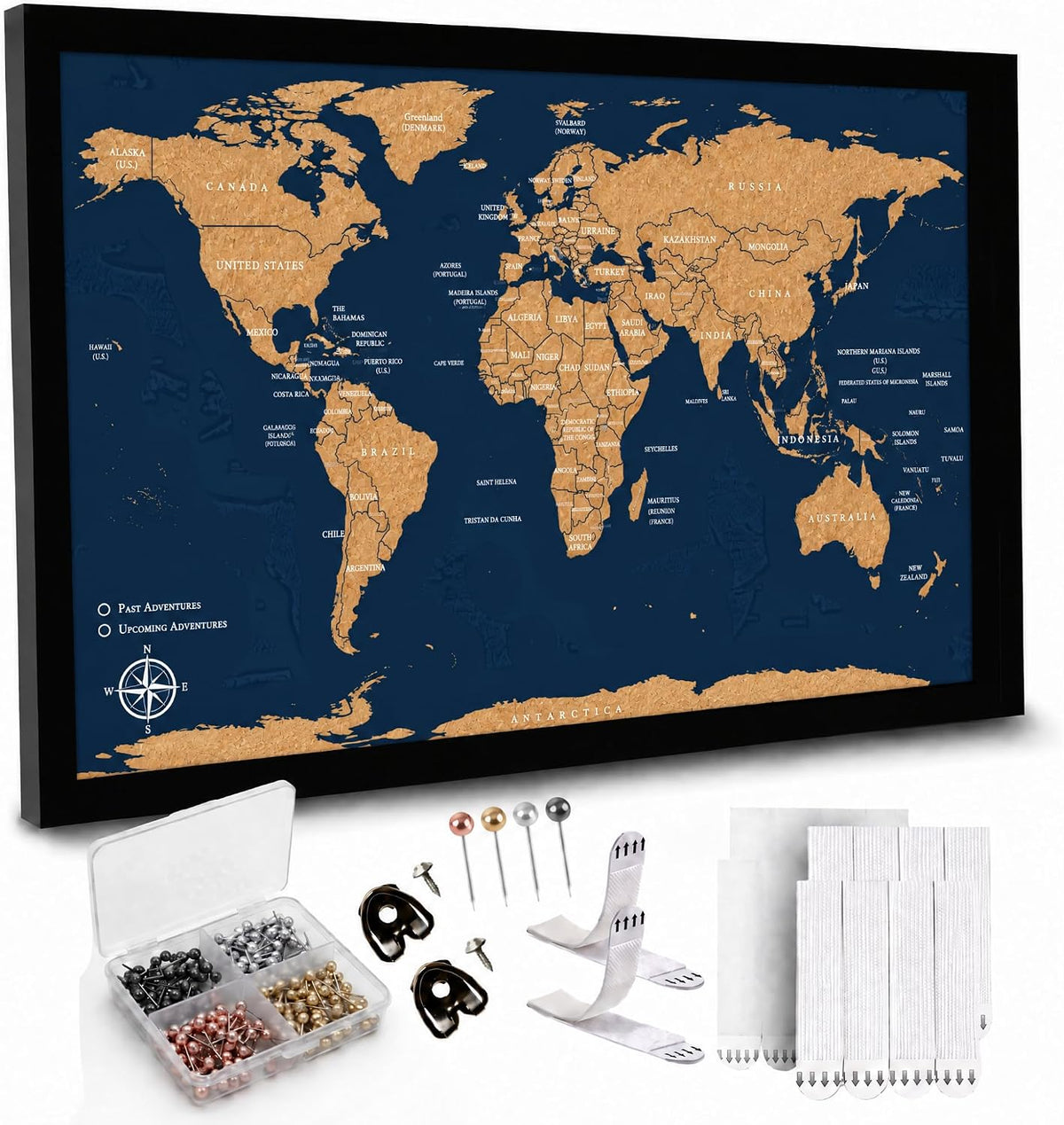 Large Push Pin World Travel Map – 30" x 20" Framed Cork Board Wall ...