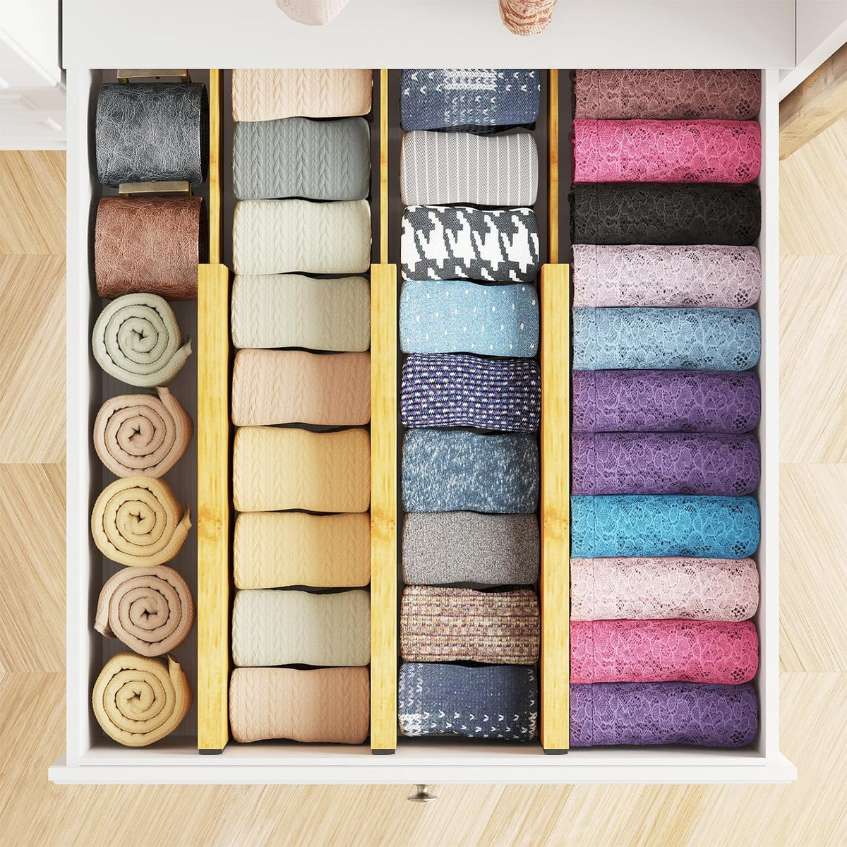 SpaceAid Bamboo Dresser Drawer Dividers 6 Pack, 4.65“ High Adjustable 12.5“-1...