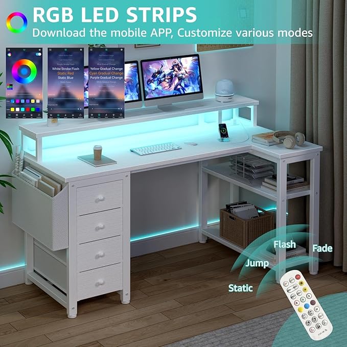 Lufeiya L Shaped Desk with Led Lights and Power Outlets, 47 Inch Writing Study - Image 4
