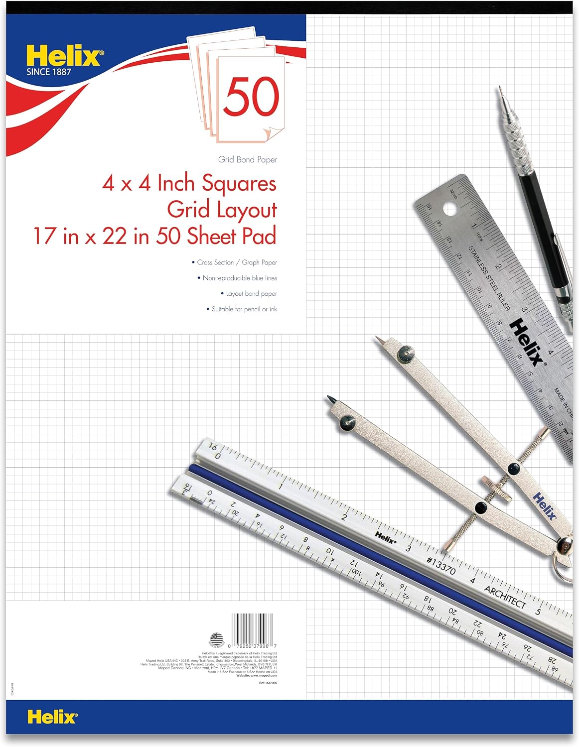 Maped Helix Bond Pad, 4 X 4 Grid, 17 x 22 Inches, 50 Sheets