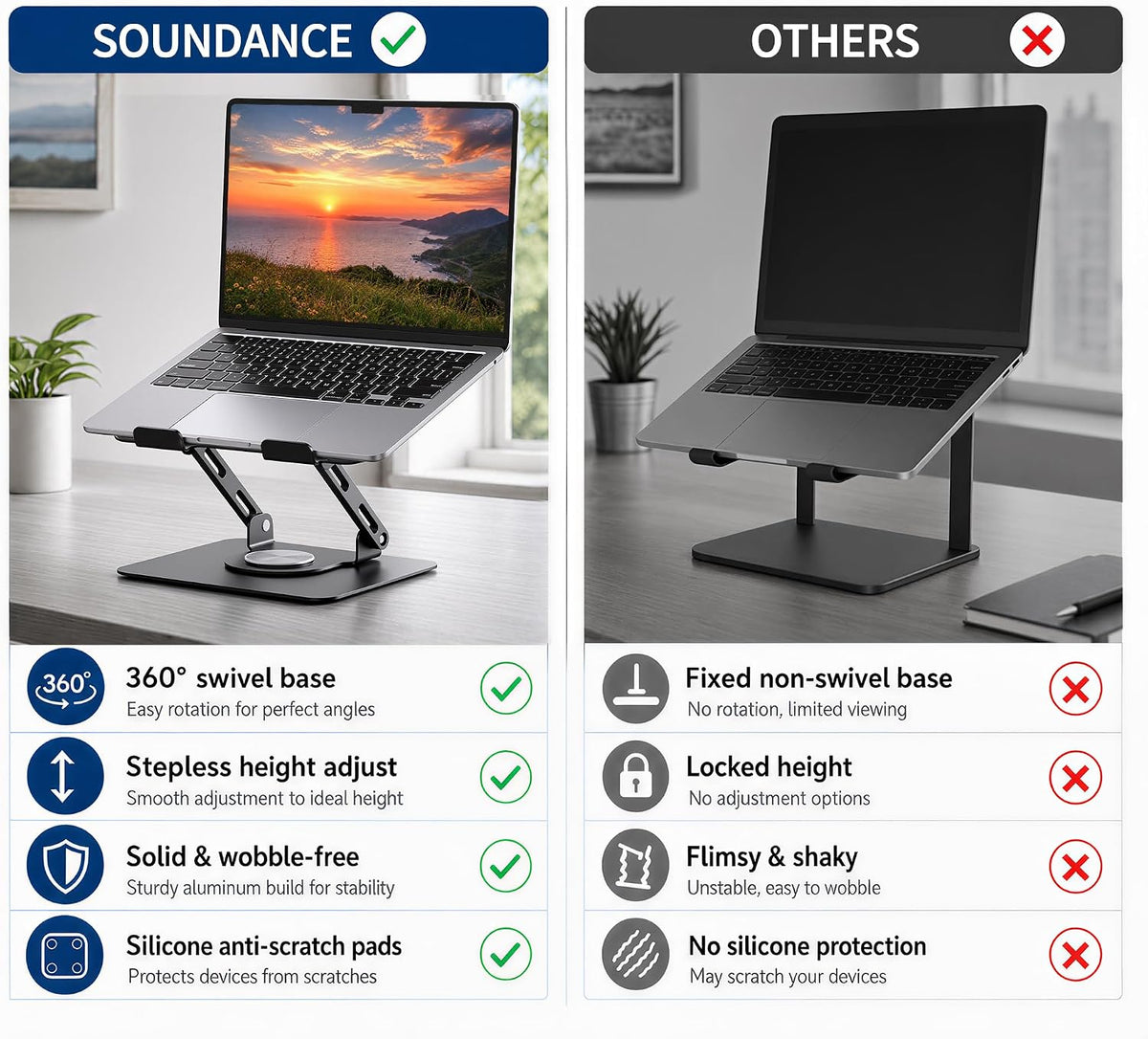 SOUNDANCE 360 Rotating Laptop Stand, Adjustable Riser,10-17", Black