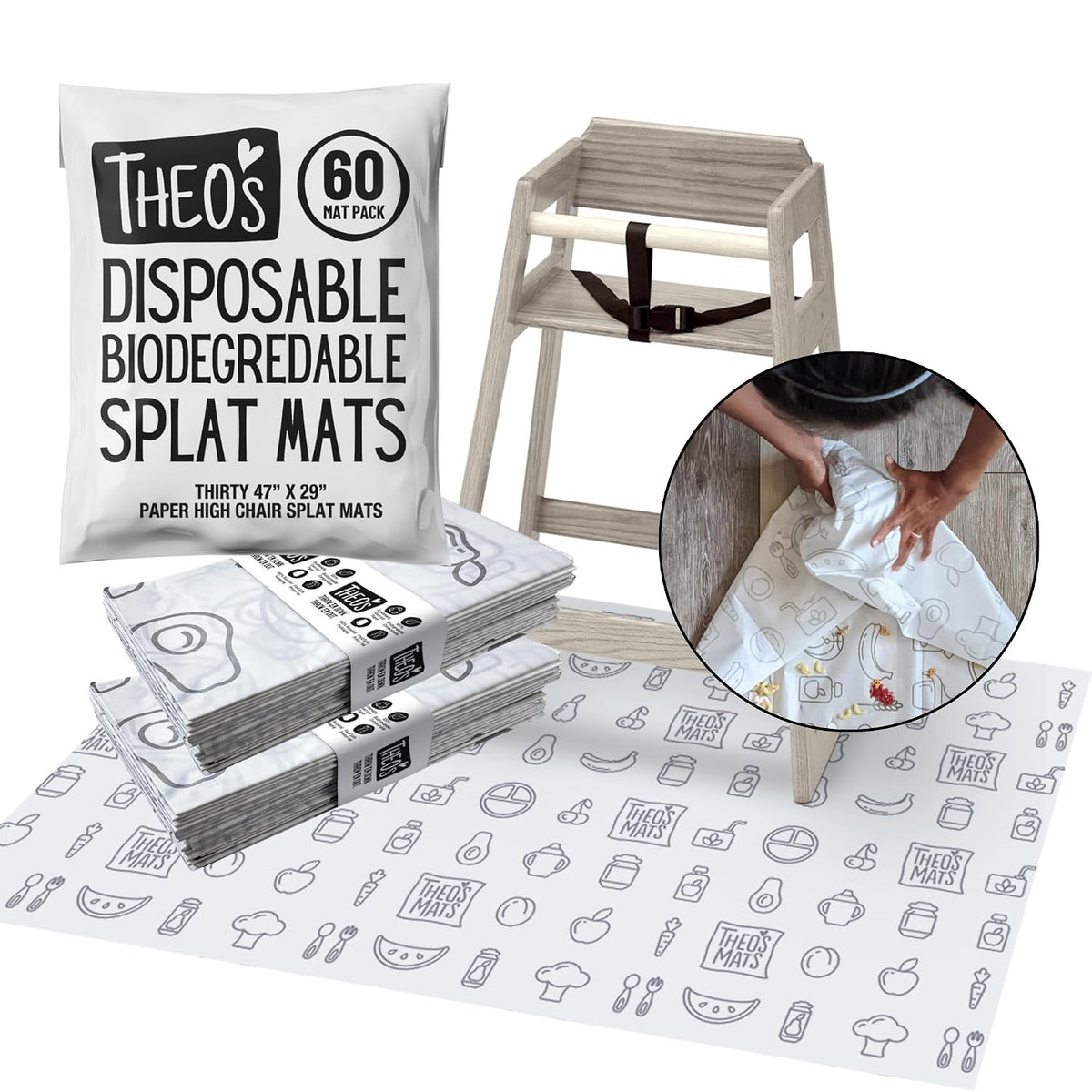 Theo’S Disposable Mats - 60 Count Splat Mat for High Chairs