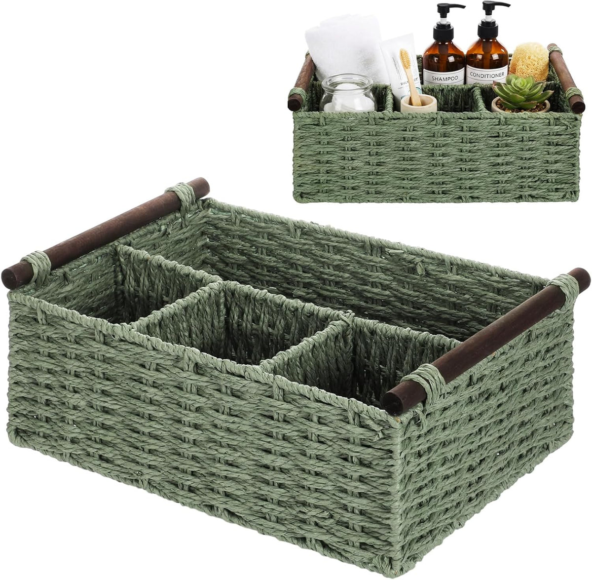 Remerry Sage Green Bathroom Countertop Organizer Caddy, Wicker-Like Divided B...