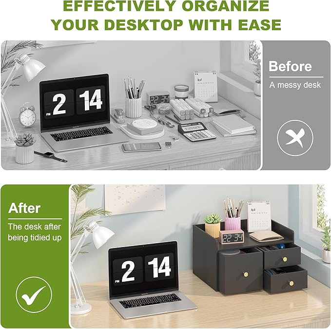 Bamboo Desk Organizer with Drawers Wooden Desktop Storage Drawers - Image 5