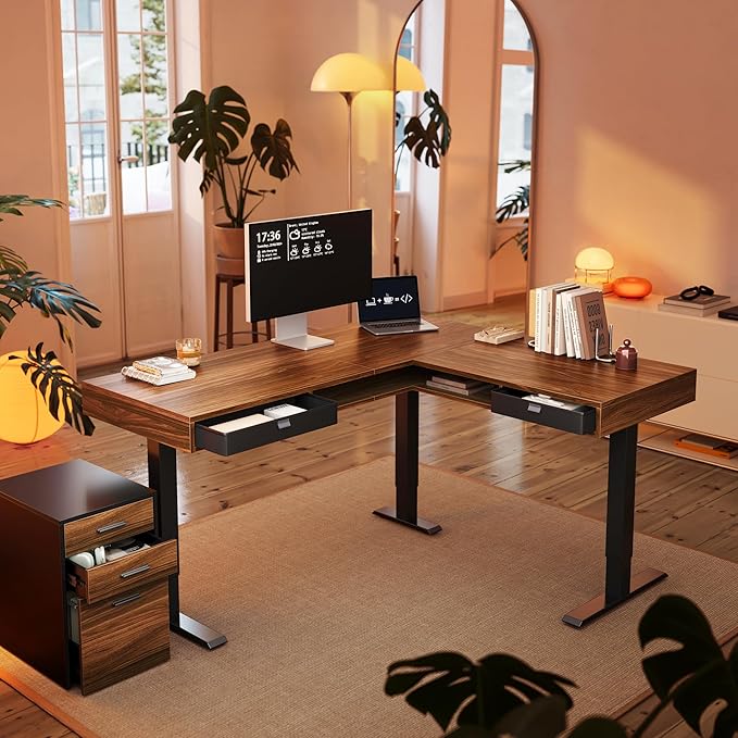 HUANUO Electric L Shaped Standing Desk, 63″x55″ Height Adjustable Corner by HUANUO