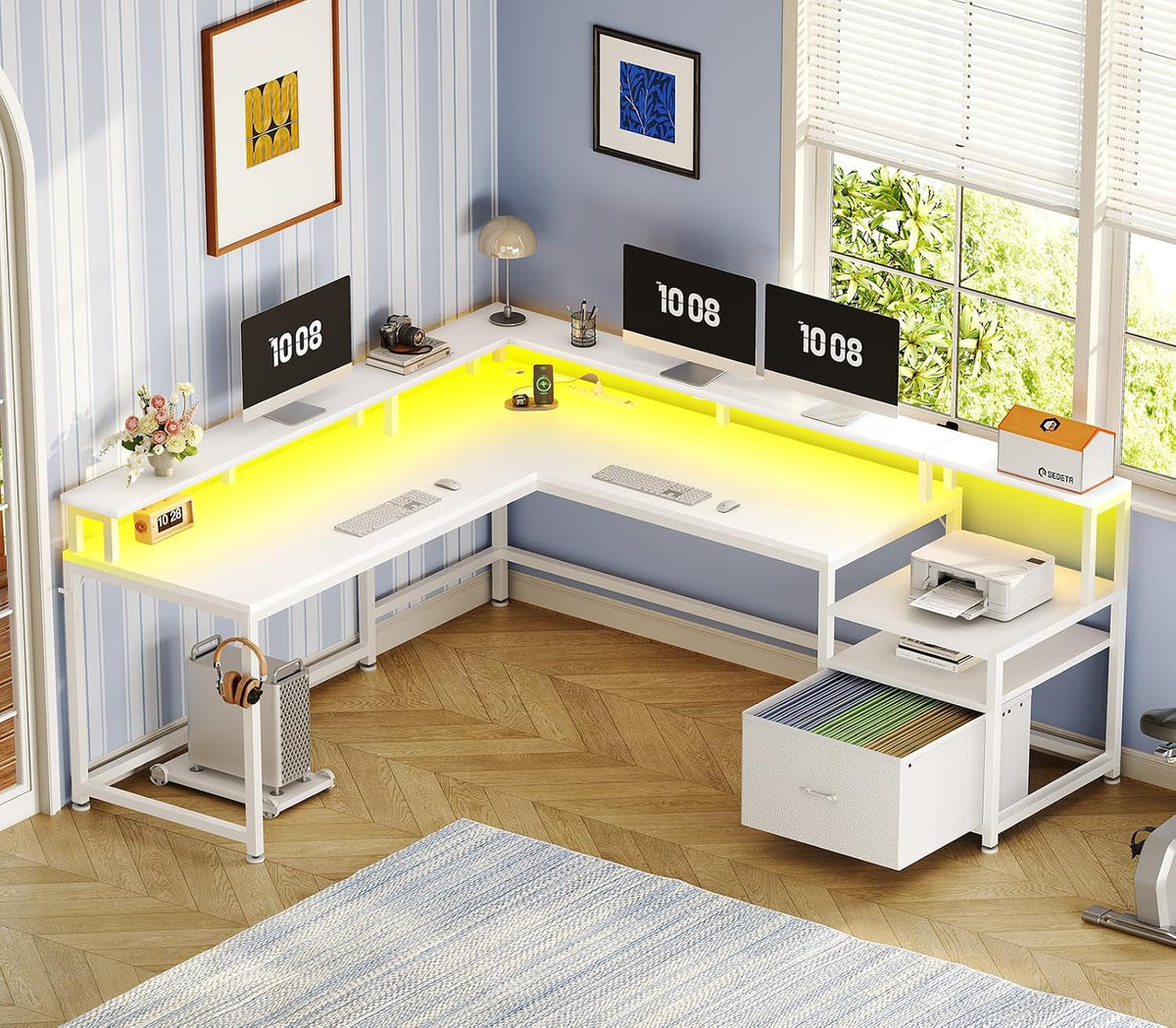 SEDETA 66" Reversible L Shaped Computer Desk with Power Outlet, File Drawer