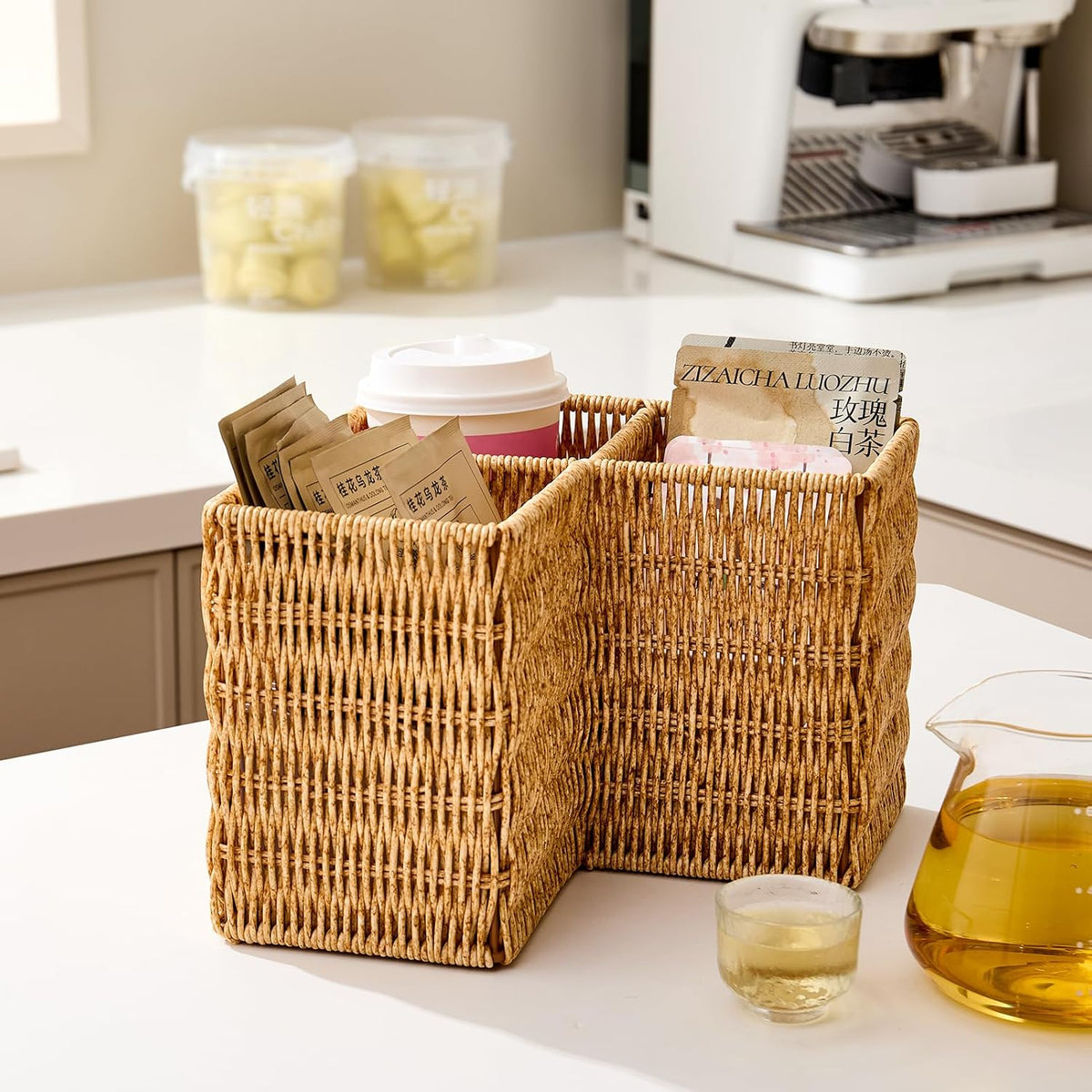 Berdeng 3-Compartment Silverware Caddy, Faux Rattan Utensil Holder with 2 Han...