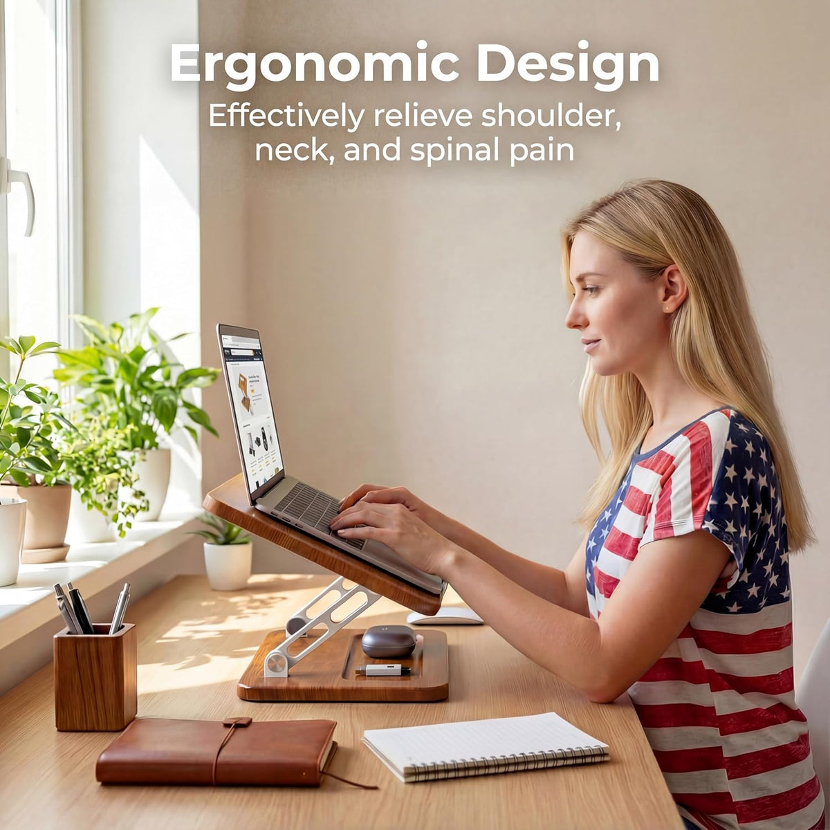 Adjustable Laptop Desk Stand Wood with Storage Slot