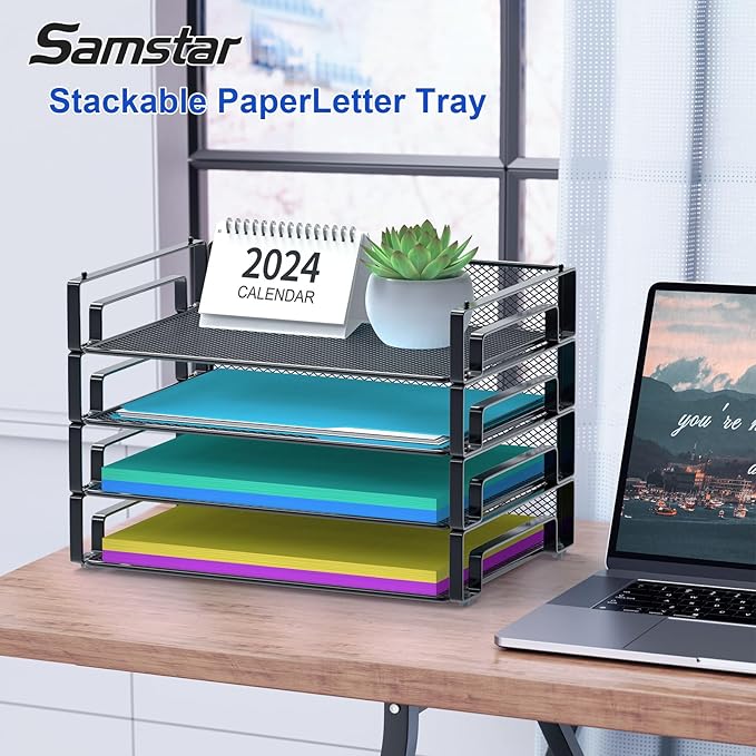 Samstar 4 Pack Stackable Letter Paper Tray, Desk File Organizer Paper Sorter - Image 2