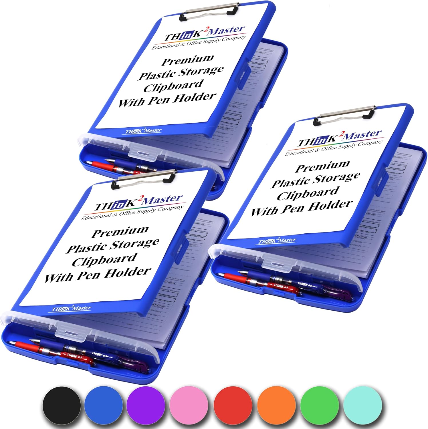 Think2Master [3 Pack] Blue Plastic Storage Clipboard with Pencil Holder. | 25% Heavier & 25% Sturdier| Heavy Duty. Nursing, Teacher & Classroom Must Have.