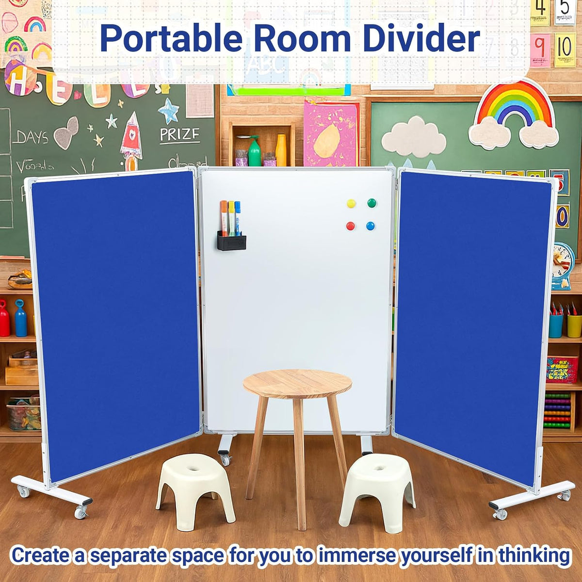 AmazingSpark 3 Panel Classroom Dividers for Room Separation, Blue White