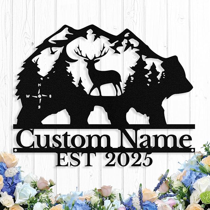 Custom Bear & Deer Metal Sign, Custom Bear Metal Wall Art Decor, Personalized by logo