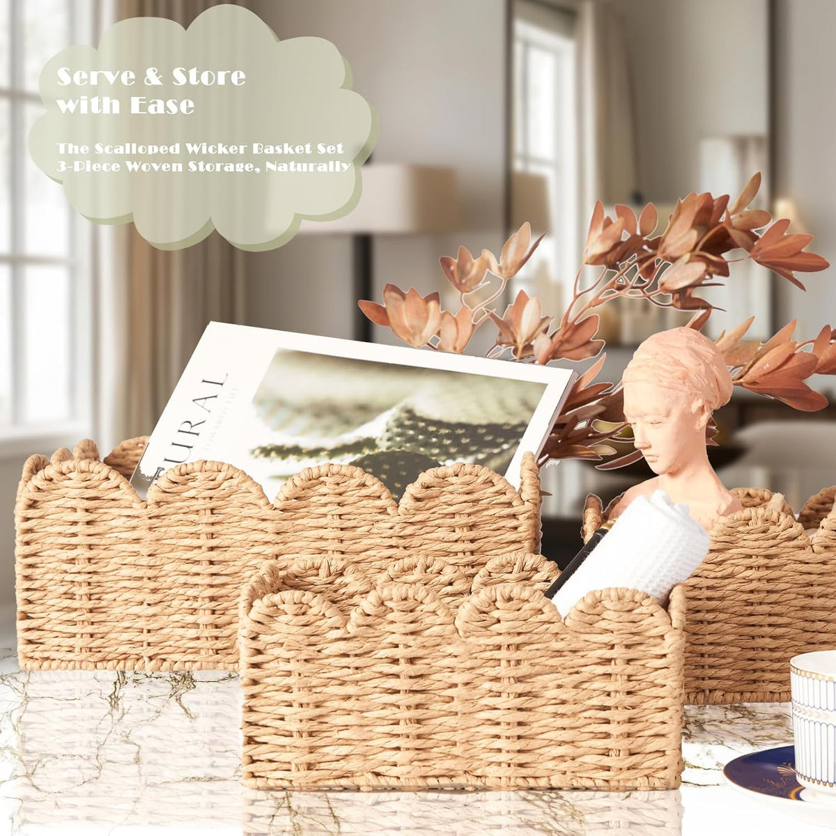 Scalloped Wicker Baskets Set of 3, Hand-Woven Storage with Handles