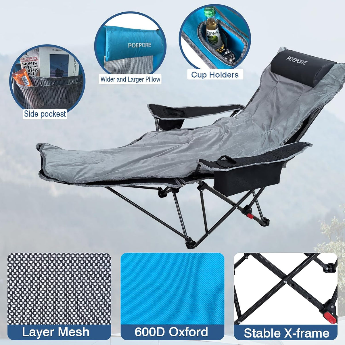 2-Pack Reclining Camping Chair 4 Position with Foot Rest Comfortable for Adul...