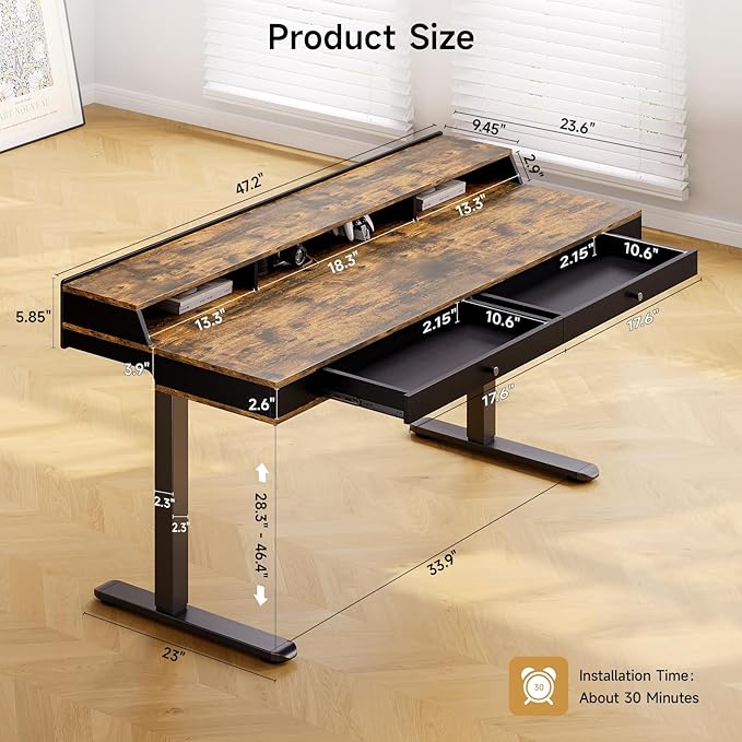 Standing Desk with Drawers, 47x23.6" Whole Piece Electric Stand Up Desk with - Image 2