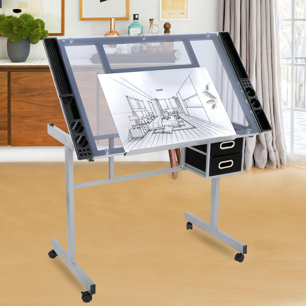 JupiterForce Adjustable Drafting Table Art Desk Drawing Table Versatile Art Craft Work Station Glass Tabletop w/2 Slide Drawers and Wheels for Reading, Writing, Painting Home Office