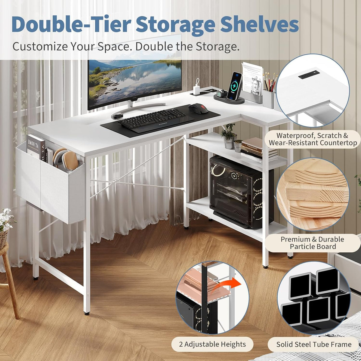 DUMOS Corner Gaming Desk with Power Strip, Storage Shelves and Drawers