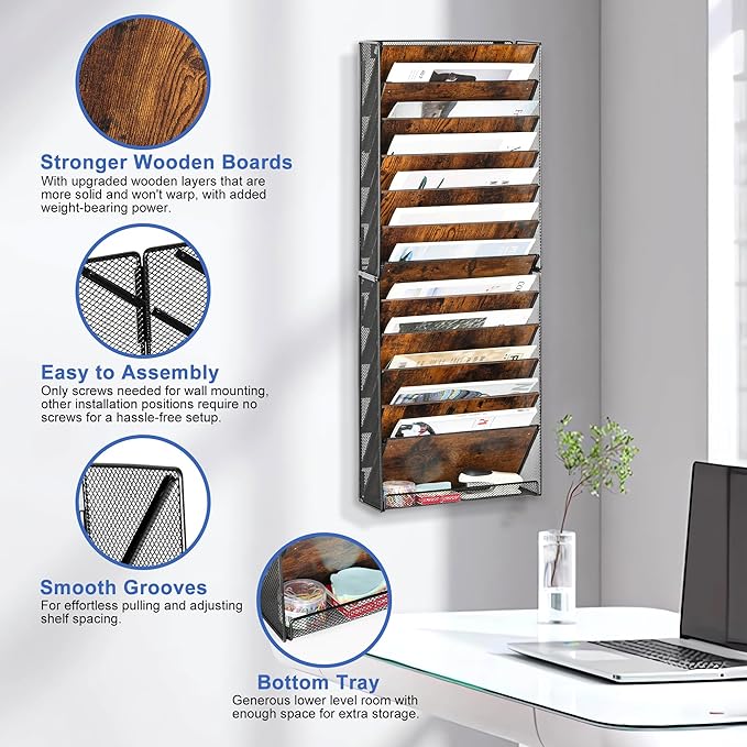 Solinxe 12-Tier Wall File Organizer, Wood Mail Organizer Wall Mounted Paper - Image 5