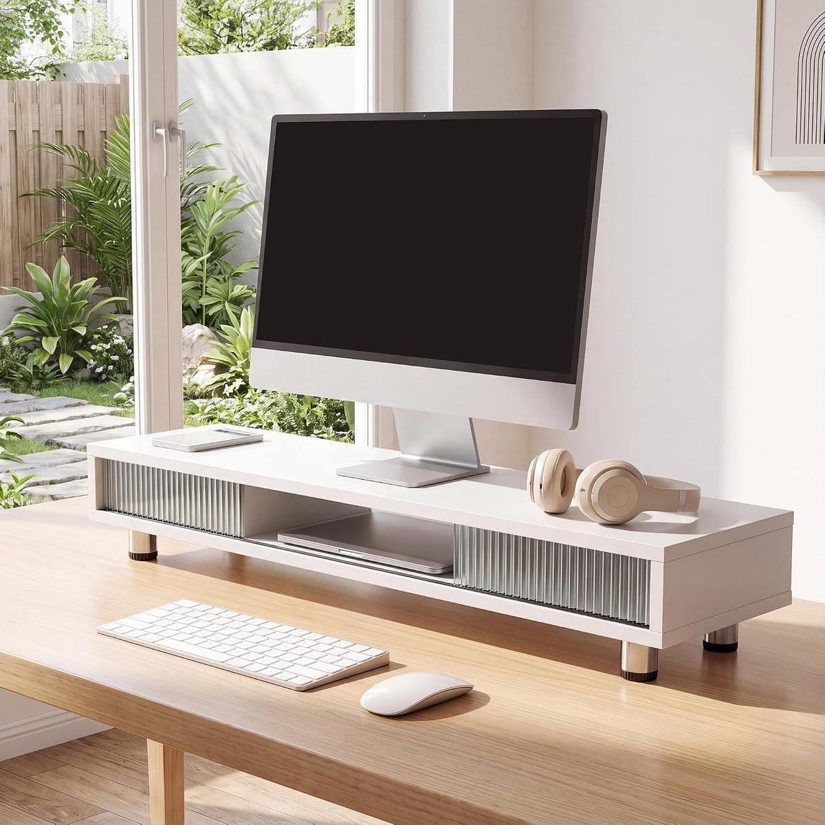 Fenge Dual Monitor Stand with Storage, Desk Shelf with Glass Sliding Door