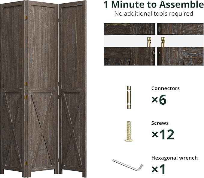 Cozy Castle Wood Room Divider, 3 Panels Folding Privacy Screen, 66.9'' Wall - Image 3