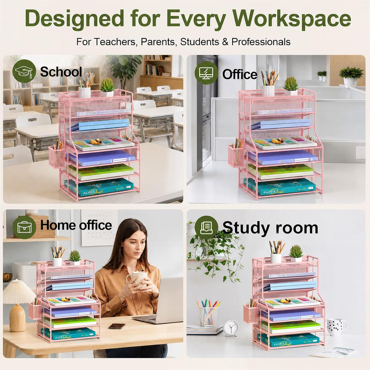 Pink 7 Tier Desk File Organizer, Metal Letter Tray Paper Organizer with Pull-...