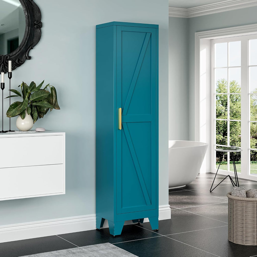 Washsemba 67'' Farmhouse Metal Storage Cabinet with Barn Doors, Steel File Cabinet for Home Office, Kitchen Pantry 4 Adjustable Shelves, Freestanding Cupboard (Peacock Blue)