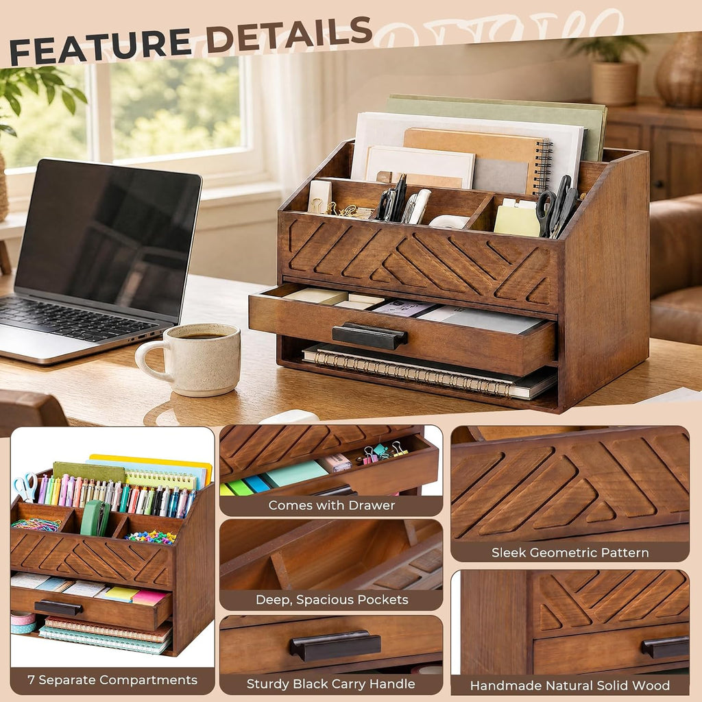 wooden desk organizer with 7 compartments and drawer, close-up detail