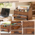 wooden desk organizer with 7 compartments and drawer, close-up detail