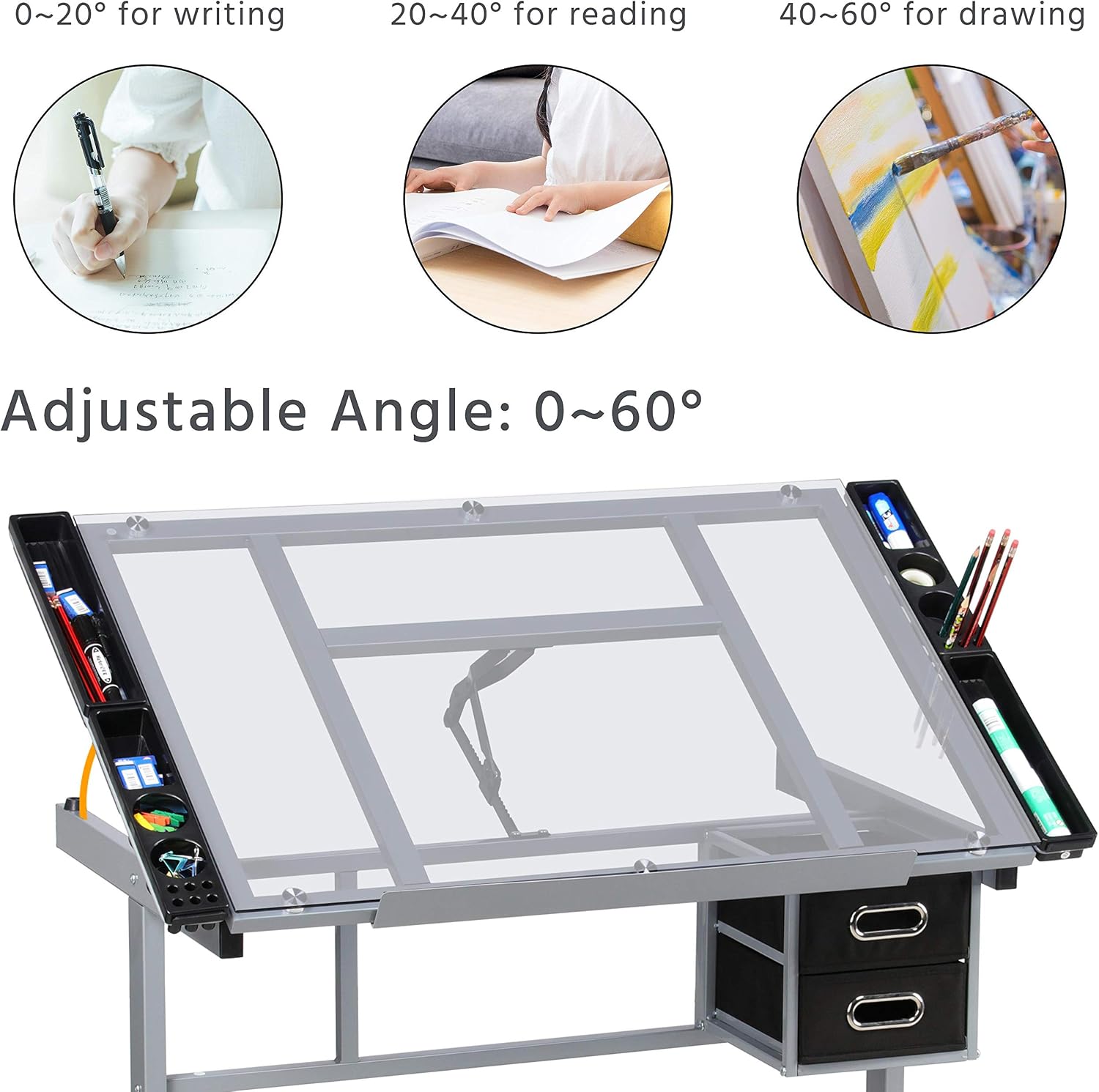 Yaheetech Glass Drafting Table with Storage, Adjustable Art Drawing Desk | Tempered glass top on a steel frame tilts 0-60° for drawing, tracing, or diamond art, plus two fabric drawers and side trays.