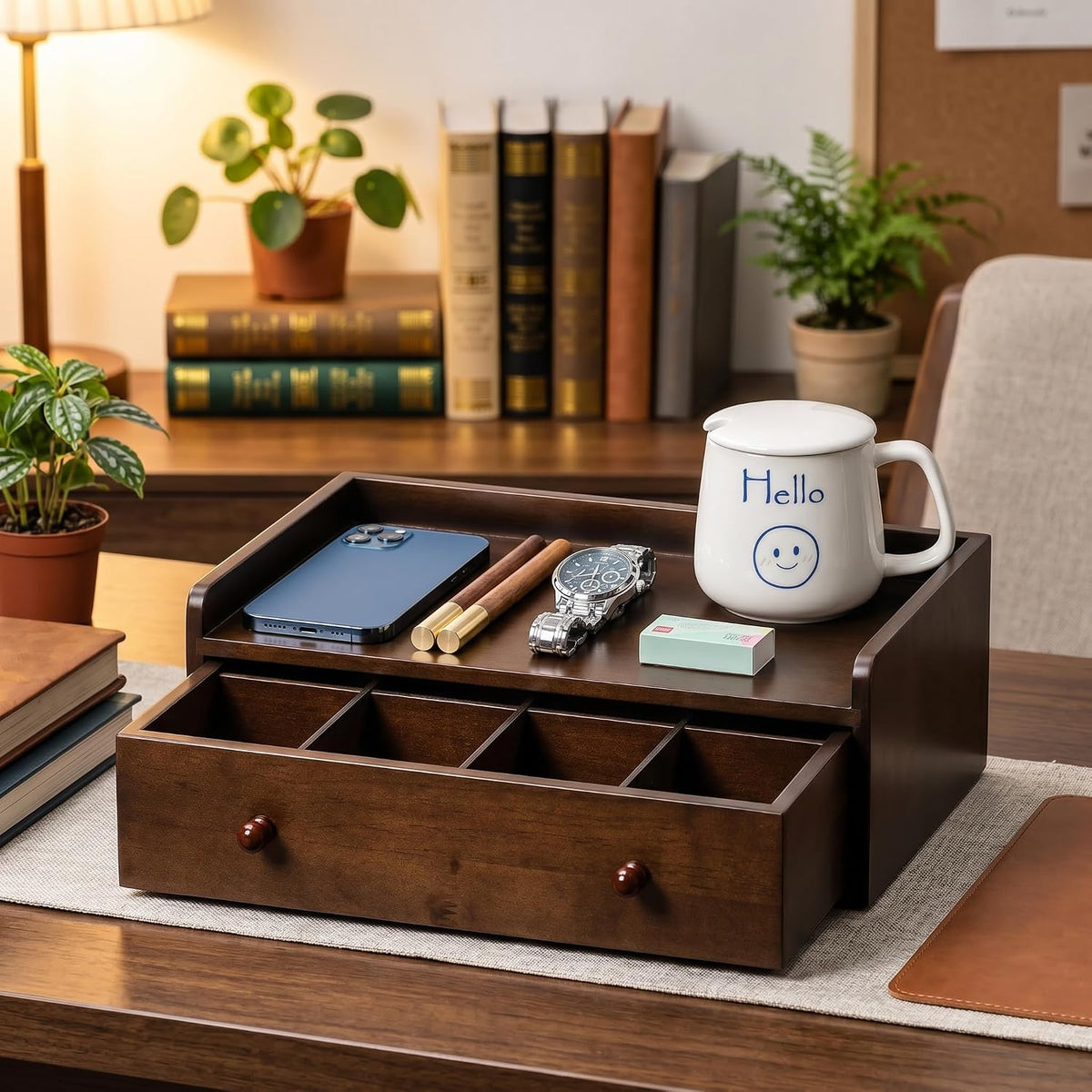 Solid Wood Desk Organizer with Drawer and Adjustable A4 Tray