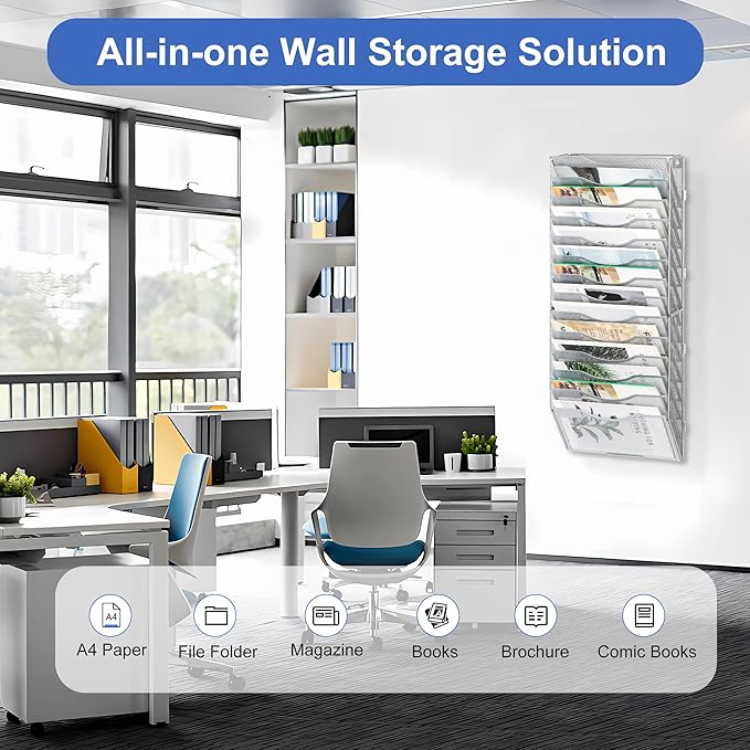 EasyPAG Wall File Organizer for Office 14 Pocket Mesh Wall Mounted Paper - Image 5