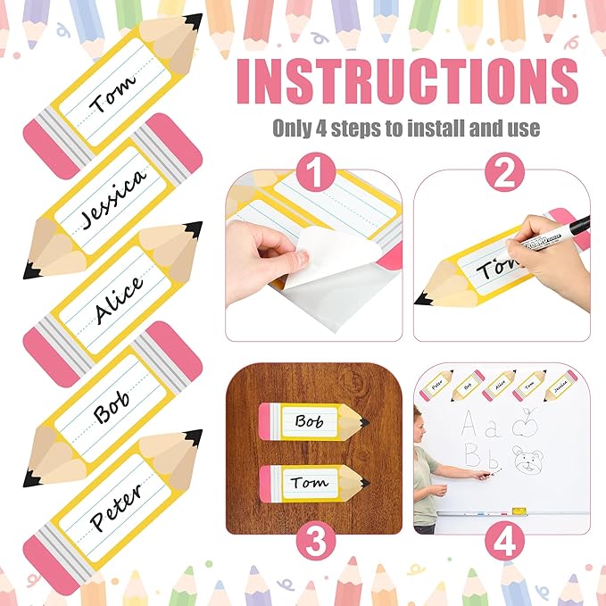 56 Pcs Name Tags for Desk Pencils Classroom Names Label Sticker Back to School - Image 3